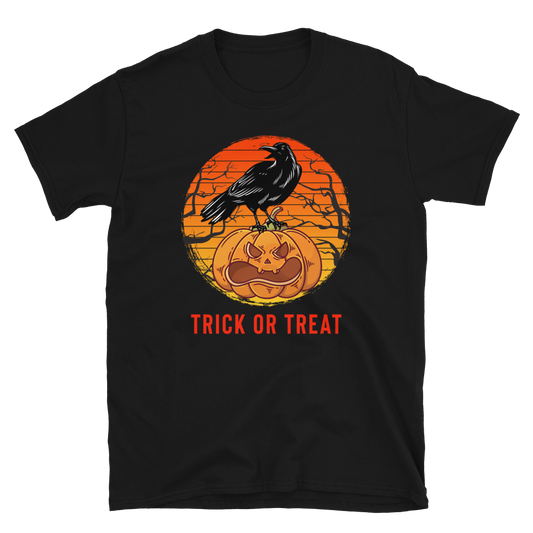 Halloween Trick Or Treat T-Shirt - Halloween Black Crow On Pumpkin