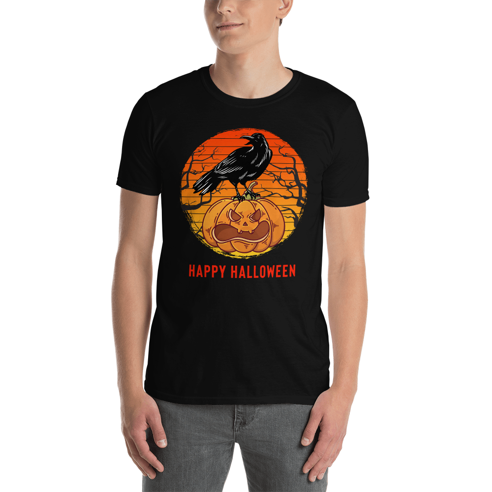 Happy Halloween Pumpkin T-Shirt - Black Crow on Pumpkin