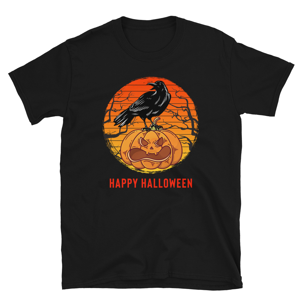 Happy Halloween Pumpkin T-Shirt - Black Crow on Pumpkin