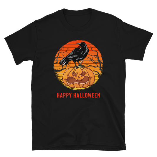 Happy Halloween Pumpkin T-Shirt - Black Crow on Pumpkin