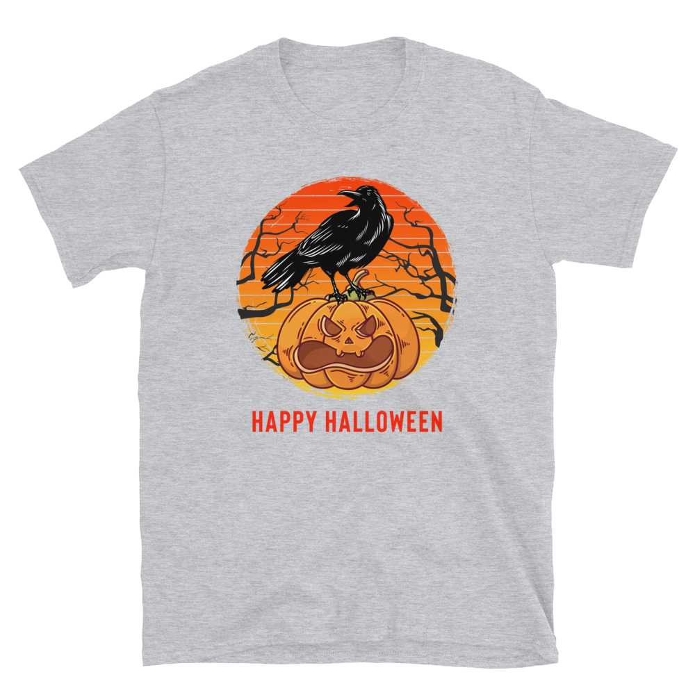 Happy Halloween Pumpkin T-Shirt - Black Crow on Pumpkin